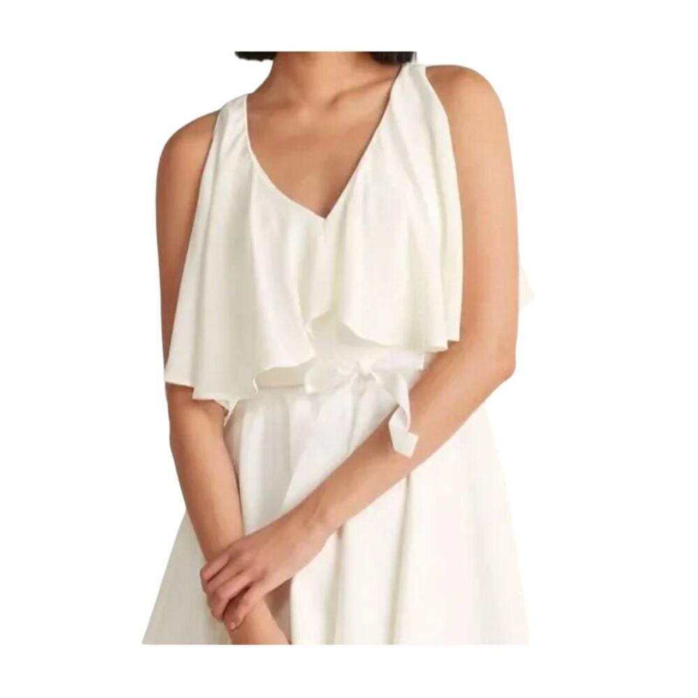 JAY GODFREY Chiffon Cape Mini Dress V-Neck Ivory White Fit n Flare Belt 8 NWT